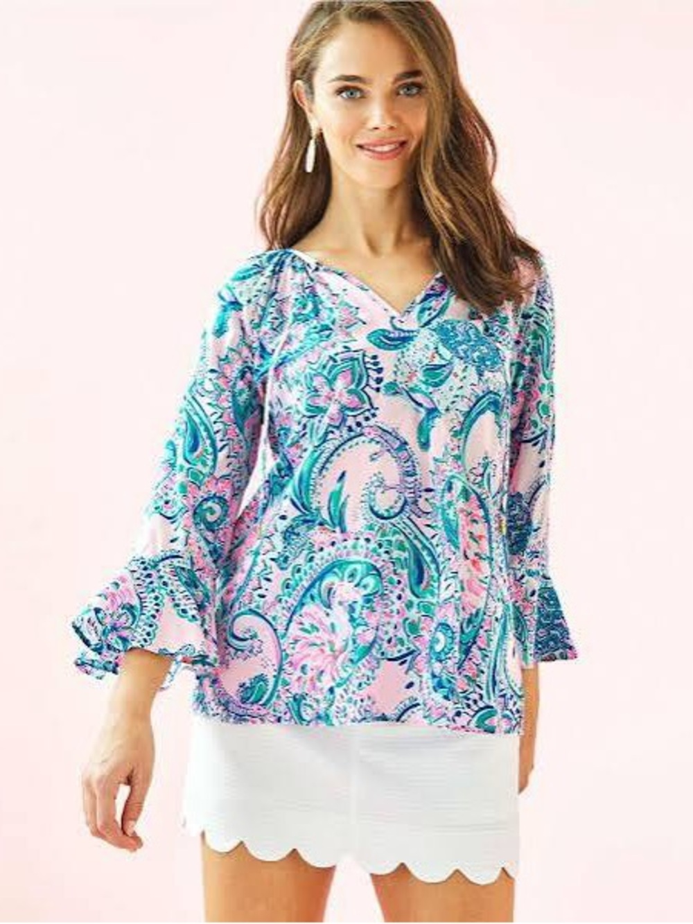 Lilly Pulitzer Willa Flounce Sleeve Top Pink Tropics Tint Tangerine Dream XL
